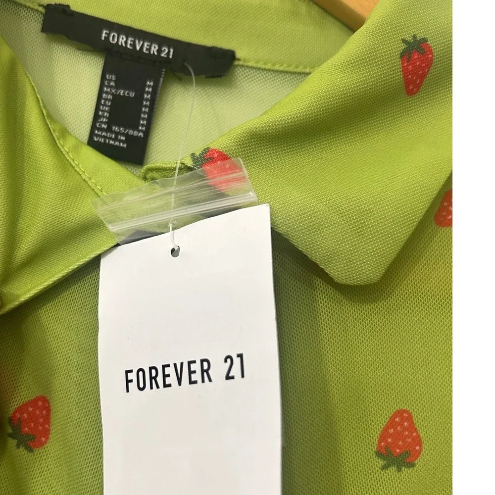 Forever 21 Strawberry Print Ruched Mesh Mini Dress Green Long Sleeve Medium NWT